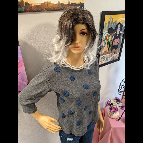 Gap Long Sleeve Gray w/ Blue Sparkle Polka Dots Loose Fitted Top Size XS - Picture 4 of 7